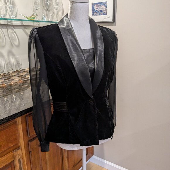 Vintage R&K Evening Blazer Black Velvet Sheer Chiffon Sleeve Tuxedo Jacket Sz 8 - Picture 2 of 6